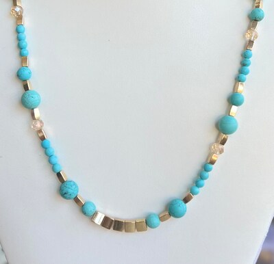 Turquoise Howlite crystal women’s necklace,  with gold Hematite accents, 18k gold toggle lariat, with gift bag - image1